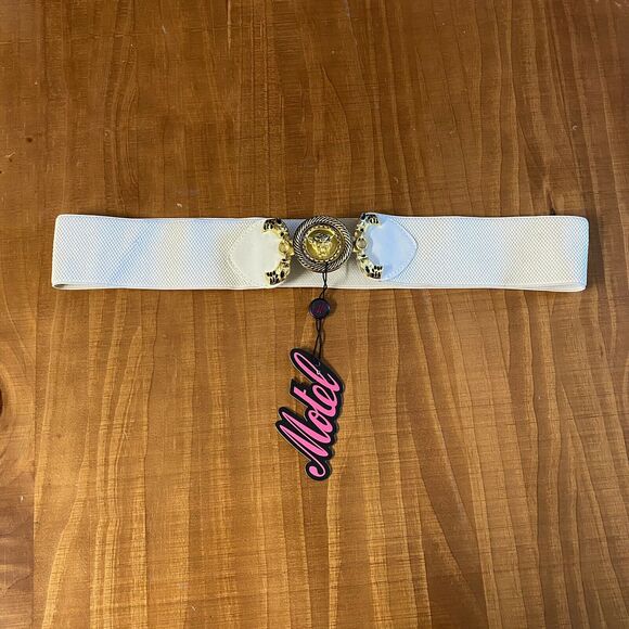 Vintage 80s motel cheetah head buckle gold tone Ivory Stretch belt Sz L - Picture 11 of 11